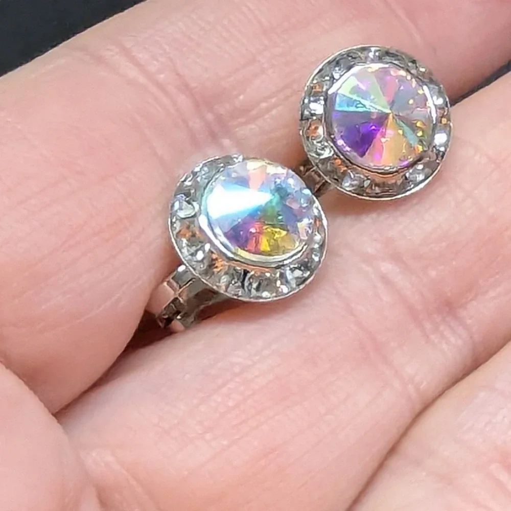 New Clip On Earrings Silver PLated Aurora Borealis AB Crystal Halo Round Wedding
